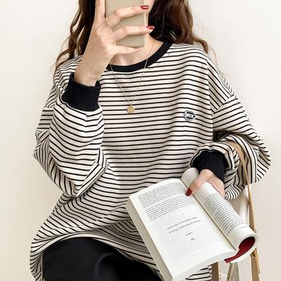 Свитер без капюшона в полоску, женская новинка осень-зима, свободный корейский стиль, ленивый стиль, повседневный, весна-осень, главный тренд