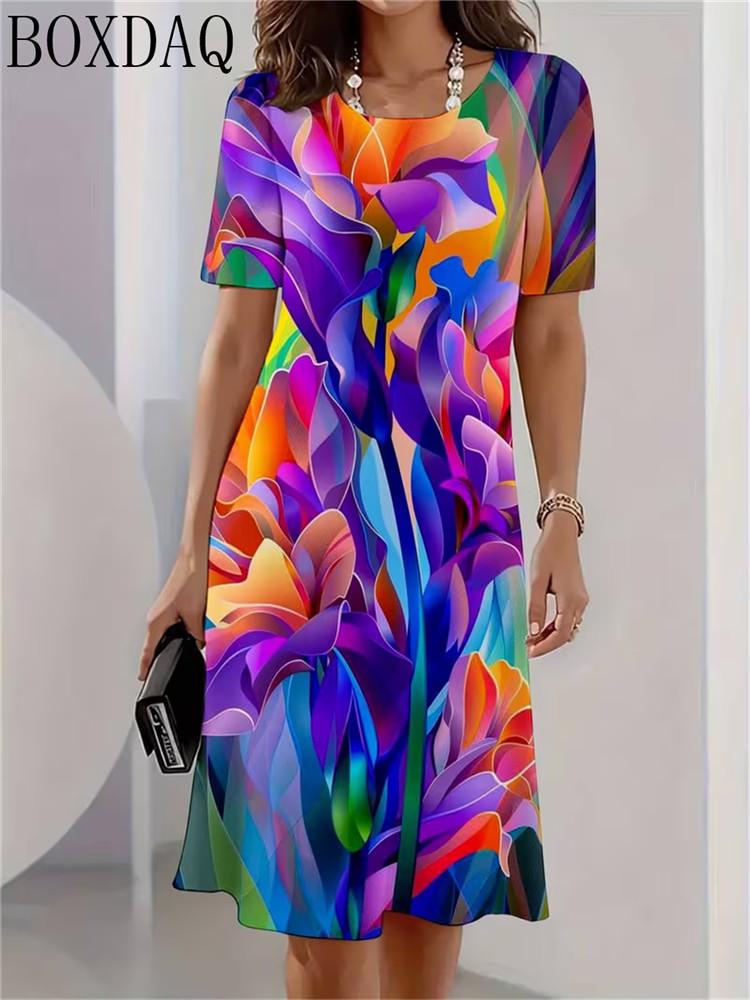 Fashionable and Elegant Summer Women's Round Neck Short Sleeved Flower Printed Loose A-Line Dress