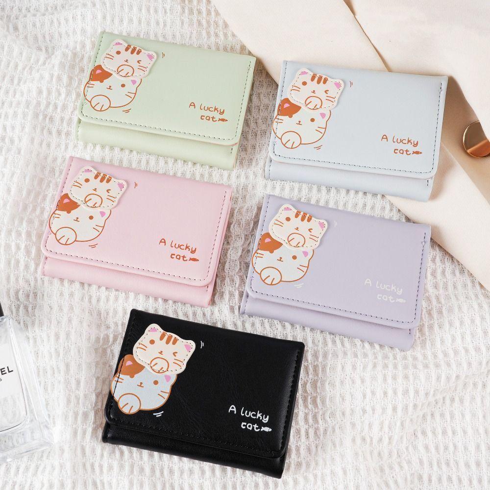 Korean Style Cat Short Wallet Solid Color Coin Purse Portable Cute Tri-Fold Purses Female