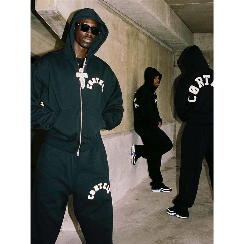 Corteiz Alcatraz Embroidered Zip-Up Hoodie Straight Leg Sweatpants Set Unisex Casual Streetwear Fall