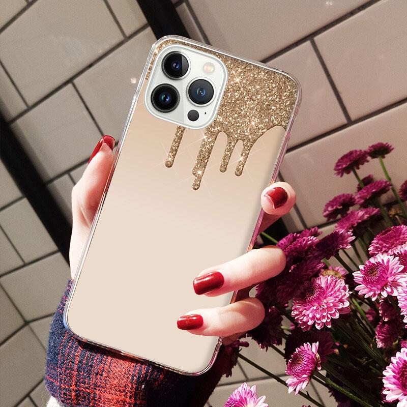 Чехлы для iPhone 14 12 11 13 Pro Max Чехол Силиконовый Funda на iPhone 13Mini X XS Max XR 8 7 14 Plus Переливающийся Блеск Розовый