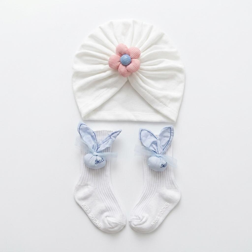 2Pcs/Set Baby Girl Turban Hat and Socks Set 3D Flower Bunny Ears Beanie Bonnet Newborn Infant Toddler Gift Accessories