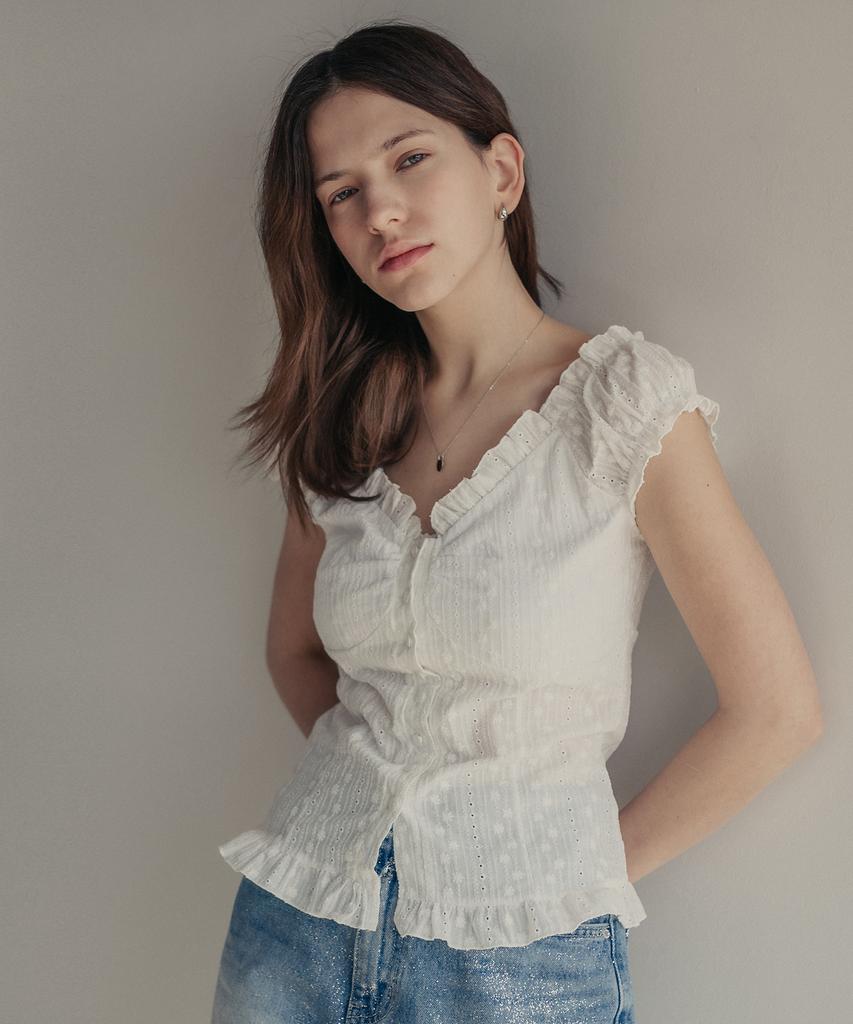 HARDCORE HAPPINESS Wave Shirred Puff Blouse Flower_White