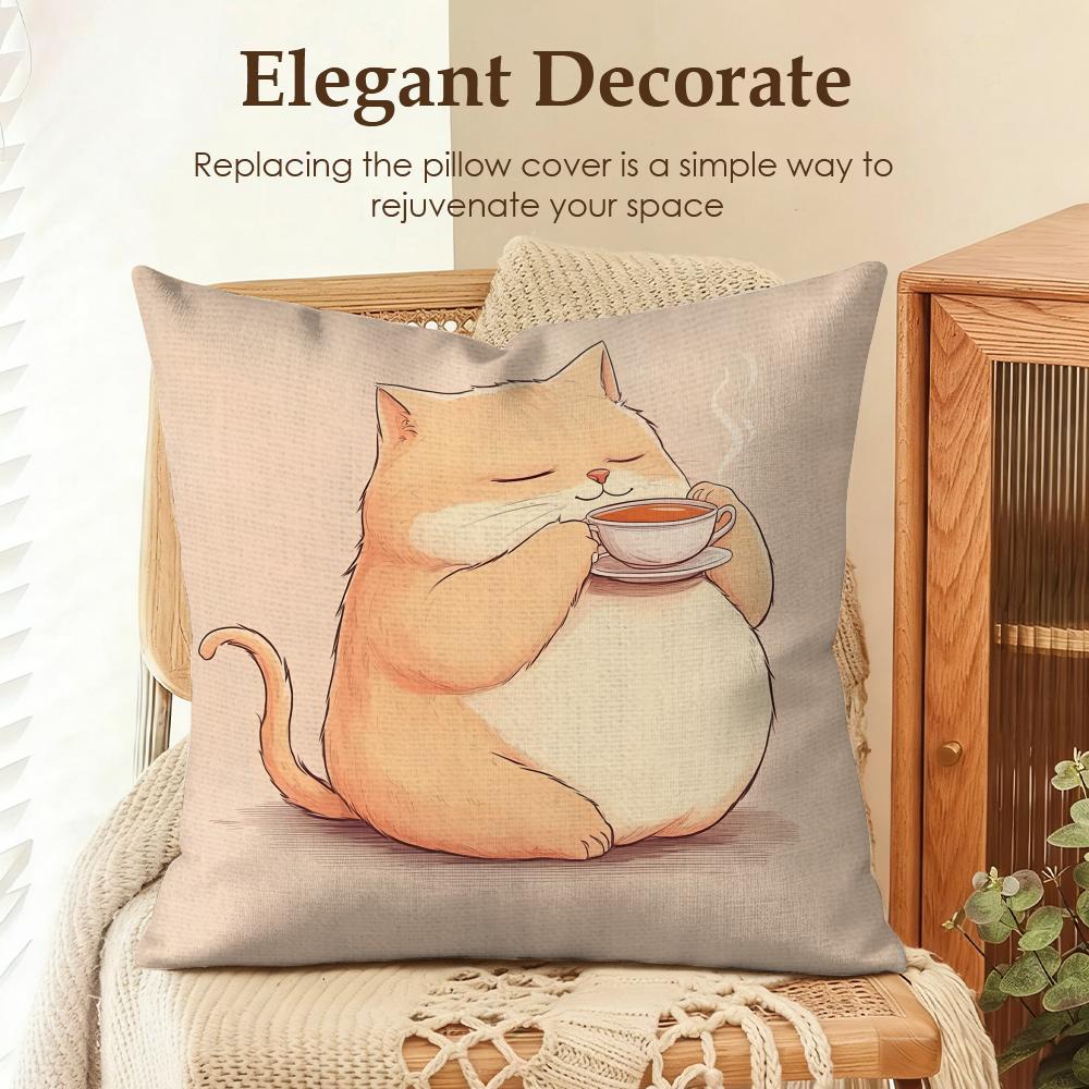 Cat Drink Coffee Cute Funny Cushion Cover Natural Linen Organic Fabric DoubleSided Printing Sofa Home Decor Gift Pillow Case
