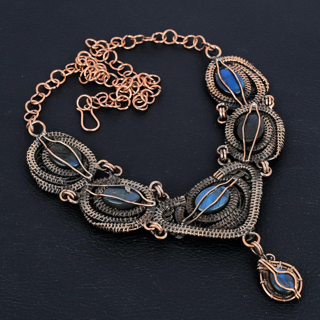 Ожерелье из лабрадорита, ювелирное изделие из драгоценного камня, ожерелье с регулируемой цепочкой, обернутое медной проволокой 999 пробы, подарок для женщин, ожерелье ручной работы