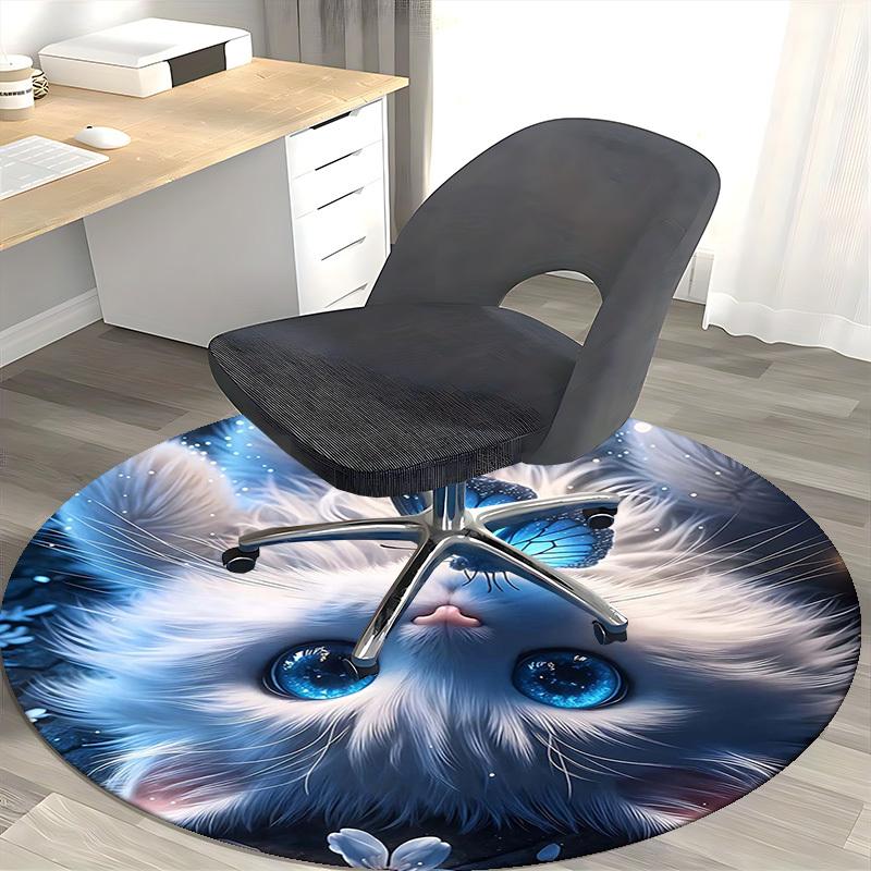 1pc Anime Design Round Carpet Blue Butterfly on White Cat with Big Eyes, Office Chair Mat, Non Slip Rug for Home Decor, All Seasons
