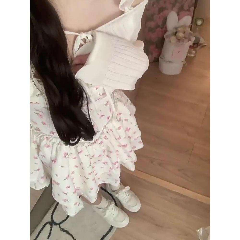 Женское летнее повседневное платье с открытыми плечами, цветочным принтом, завышенной талией, нишевое, темпераментное, А-силуэта, пышная короткая юбка