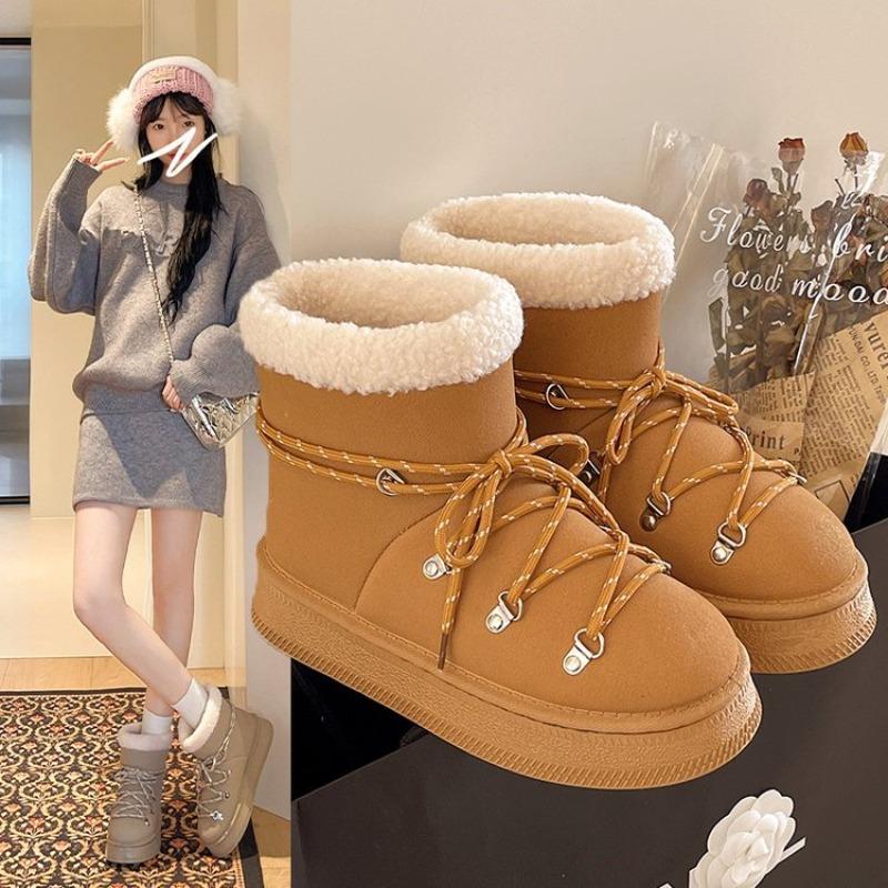 Women's Plus-Size Lace-Up Snow Boots - 2025 Winter New Style, Casual, Warm, Fleece-Lined, Short-Calf, Cotton Boots for Cross-Border Trade