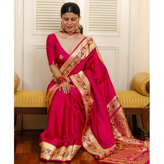 Индийское традиционное мягкое шелковое сари личи с жаккардовым плетением