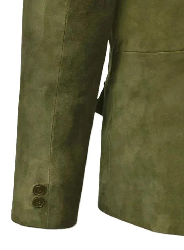 Кожаный мужской блейзер замшевый оливково-зеленый ручной работы из натуральной овчины формальный стильный