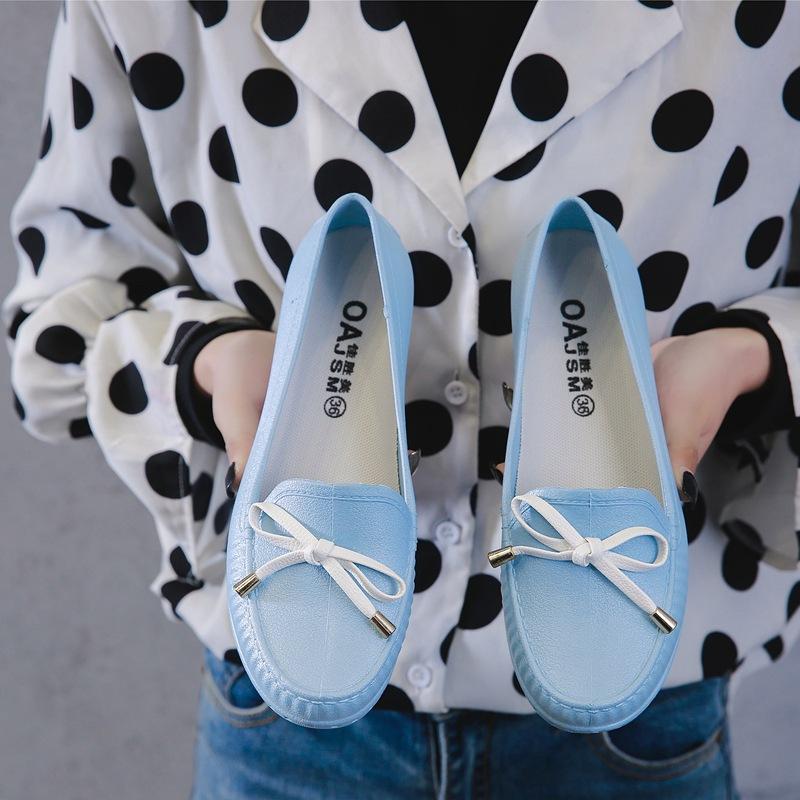Fashion Rain Shoes Womens Flats Water Shoes Beach Waterproof Shoes Womens Rubber PVC Non-slip Round Toe Bow-knot Loafers362