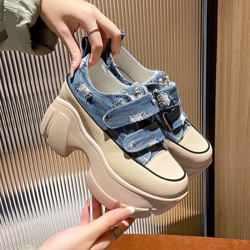 Height Increasing Insole Dad Shoes Women's Autumn New Denim Vintage Velcro Rhinestone Platform Platform Casual Shoes