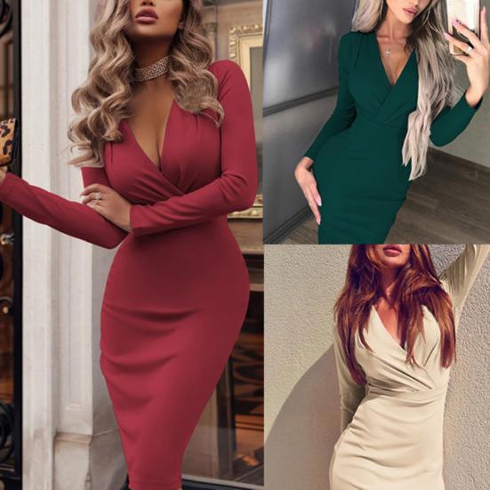 Вечернее женское сплошное платье с V-образным вырезом и длинным рукавом длиной до колена Bodycon Dress