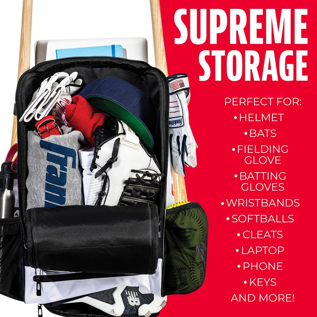 Franklin Sports Fastpitch Softball Bat Bag USA Traveler Elite Bat Backpack Equipment Bat Pack Fits Cleats Bats White - - Girls' & Women's - Helmet, +