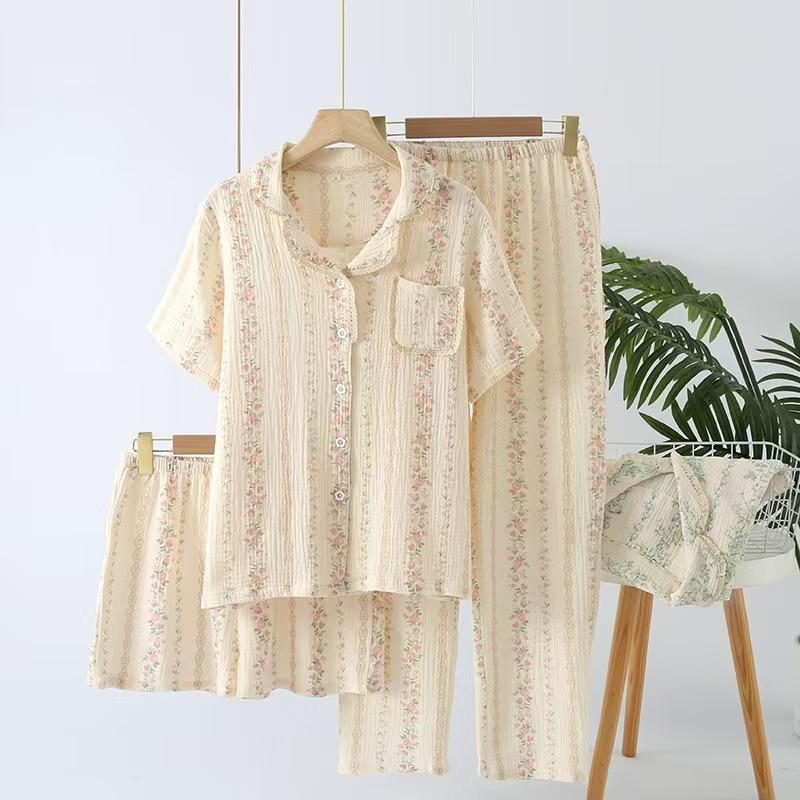 Women's summer cotton yarn three-piece pajamas short-sleeved trousers summer thin cotton crepe homewear set autumn