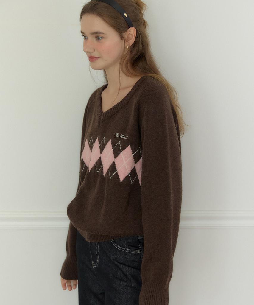OURHOPE V-Neck Argyle Knit - Brown