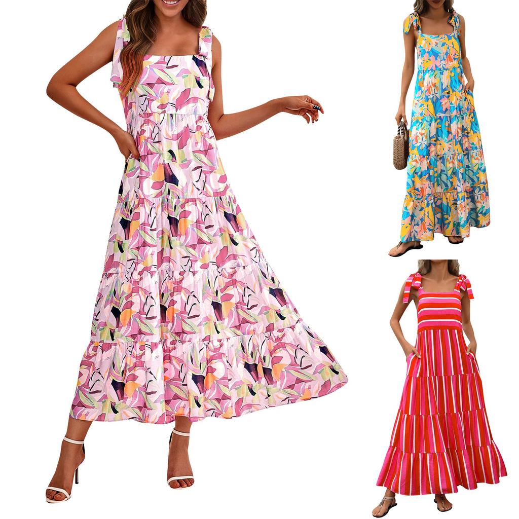 Women Dresses Summer Floral Sleeveless Maxi Dress Casual Spaghetti Strap Tiered Flowy Beach Long Dress