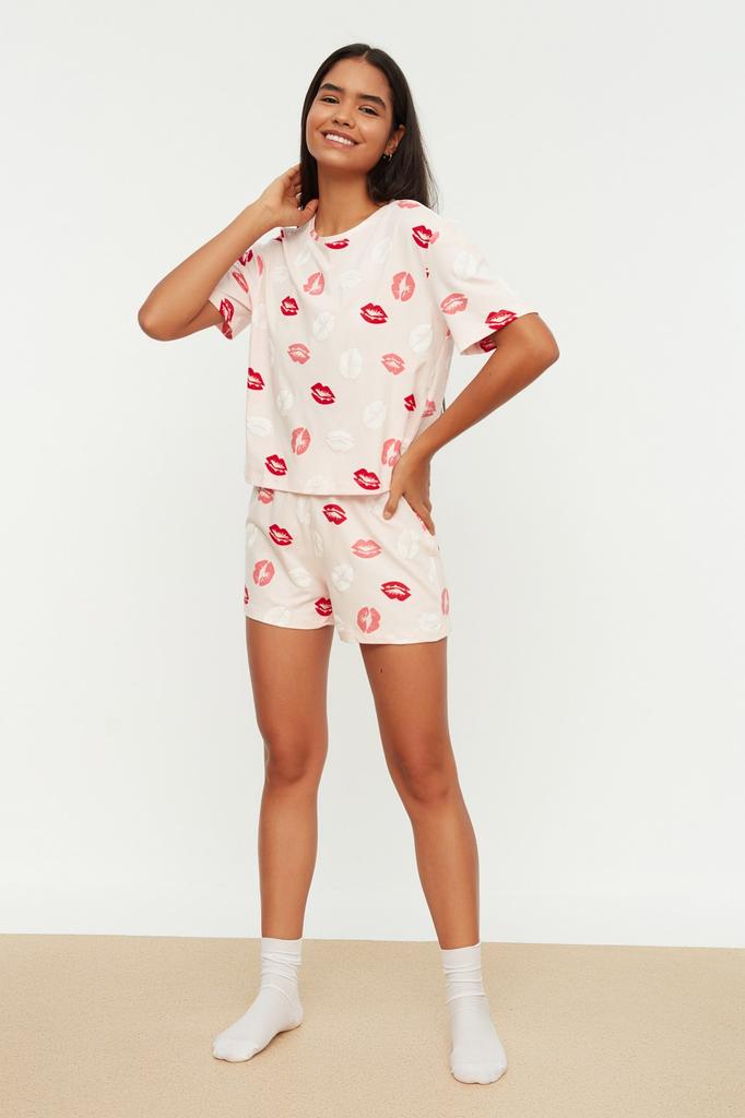 Women's Style Homewear Sleepwear White Multicolored 100% Cotton Fun Patterned Knitted Pajama Set