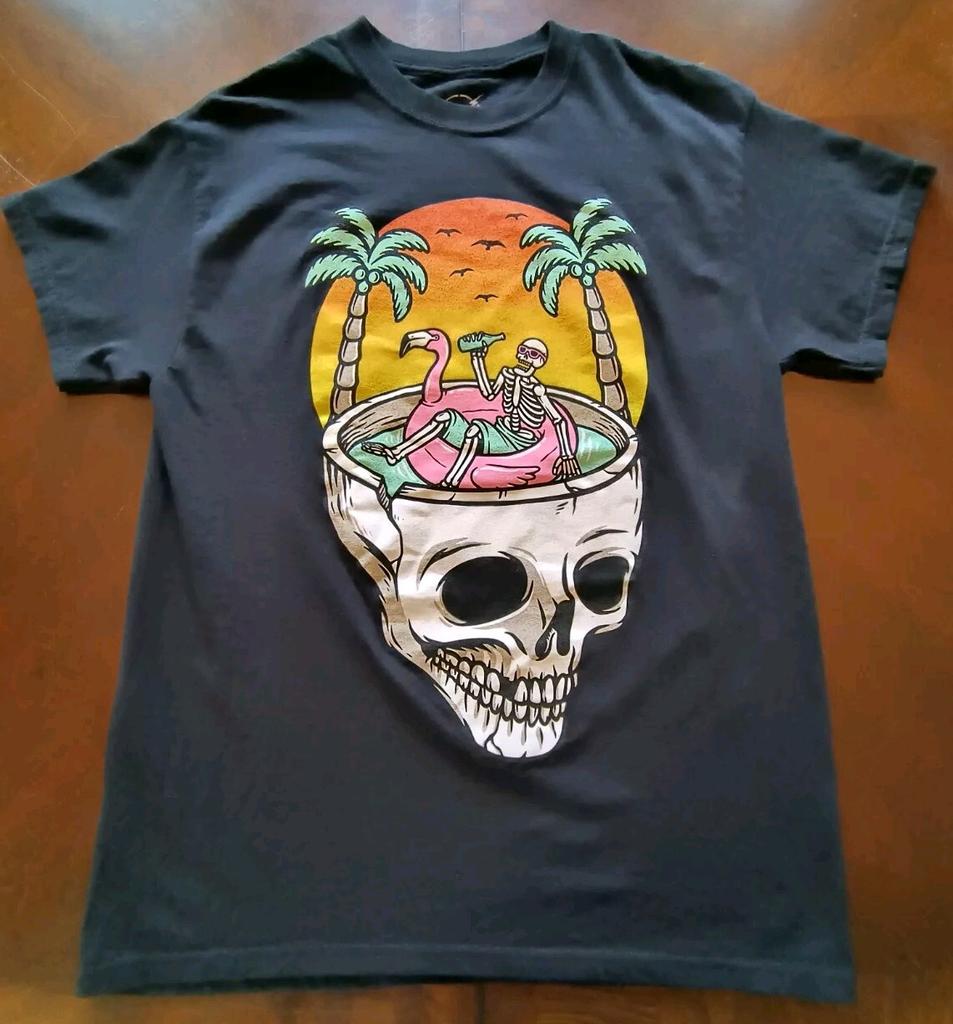 Neon Riot Size Medium T Shirt Skeleton Skull Chill Summer Pool Party Black Palm
