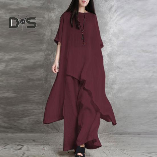 2Pcs/Set Cotton Linen Tops Pants Set O-neck Half Sleeve Irregular Hem Tops High Waist Long Pants Set Solid Color Casual Outfit