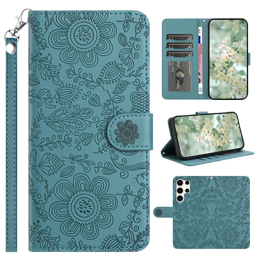 Чехол-кошелек с тиснеными цветами для Samsung Galaxy S24 S23 S22 S21 A55 A35 A15 A54 A34 A14 A33 A53 A13 A12 Чехол-книжка с браслетом