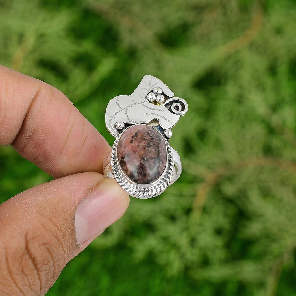 Easter Sale Sterling Silver Rhodonite Stone Boho Promise Bezel Ring Jewelry US 7