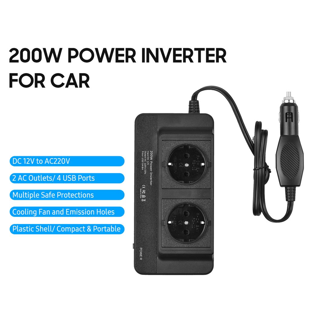 Автомобильный инвертор мощностью 200 Вт, преобразователь постоянного тока 12 В в переменный ток 220 В с 2 розетками переменного тока, 4 USB-портами, переключатель включения/выключения