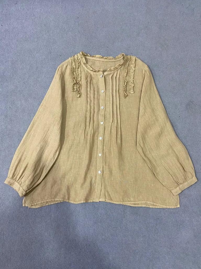 Johnature Crewneck Shirt Loose Top Women Autumn Vintage Ruffles Loose All Match Full Sleeve Female Blouses