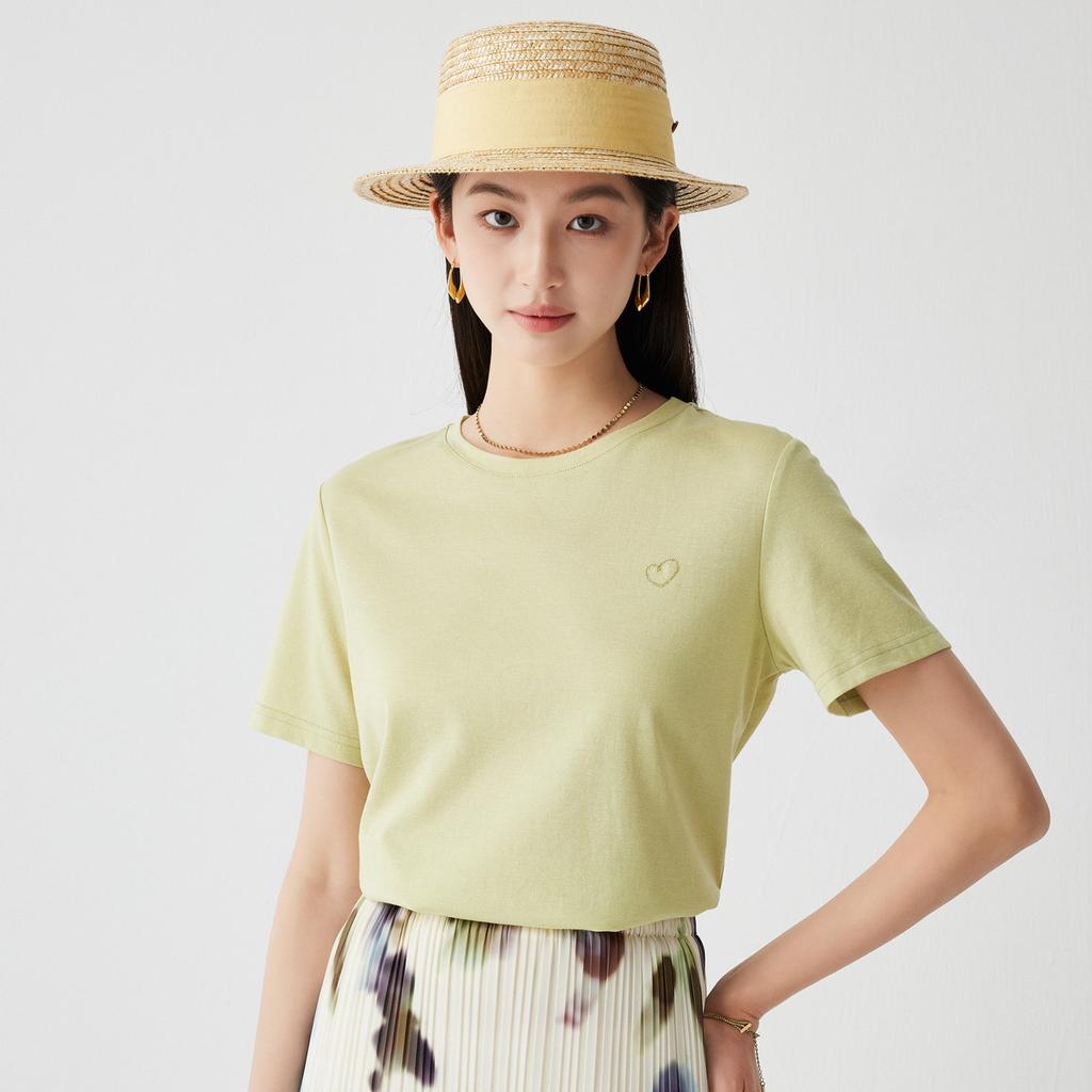 Soft and Breathable Spring and Summer Round Neck Solid Color Slimming T-shirt with Mulberry Silk