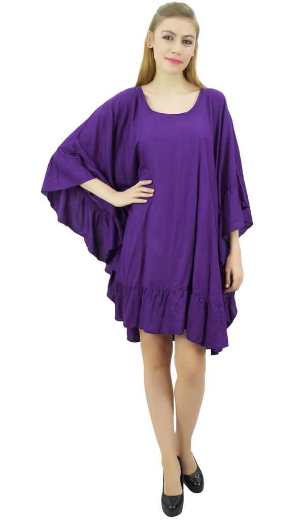 Bimba Womens Purple Frill Kaftan Coverup Dress Easy Wear Knee Length