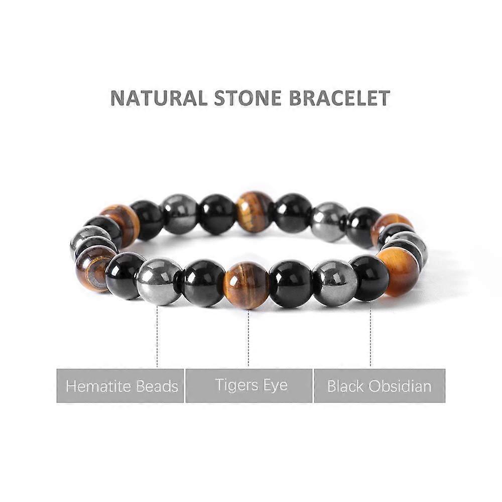 Beads Bracelet Triple Protection, 2 Pack 8 mm Tigers Eye Bracelet Hematite Beads & Black Obsidian Balance Bracelet
