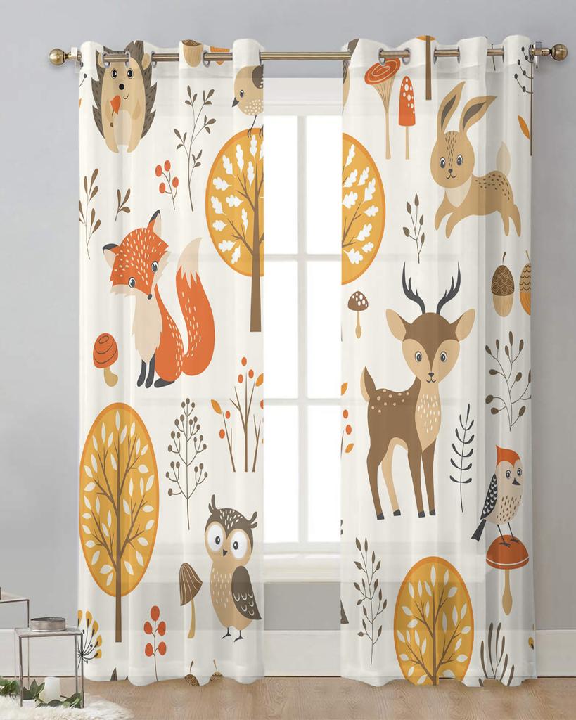 Autumn Forest Cartoon Animal Owl Fox Deer Sheer Curtains for Living Room Decoration Window Curtains Kitchen Tulle Voile Curtains