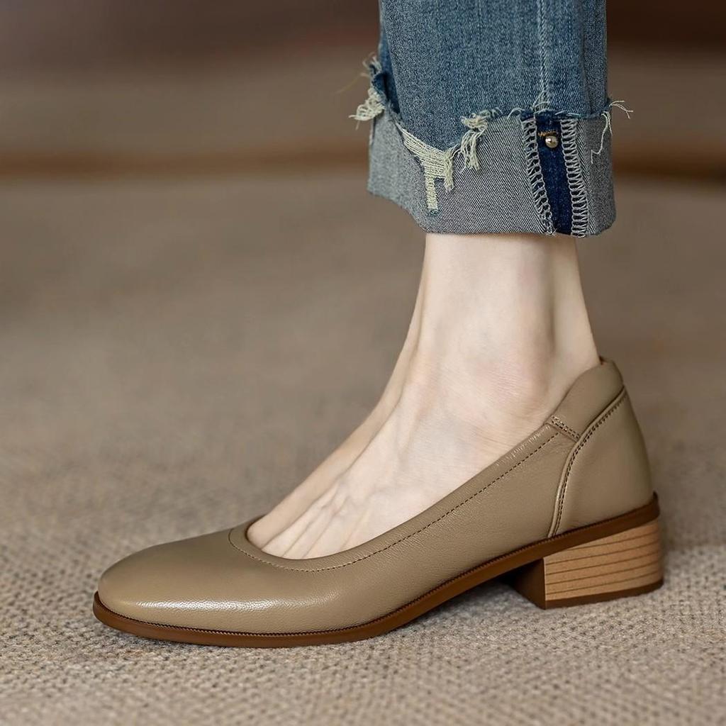 Shallow French Temperament Thick Heel Women's Shoes Spring and Autumn 2025 New Retro Square Head Soft Leather Non-grinding Feet Single Shoes Women
