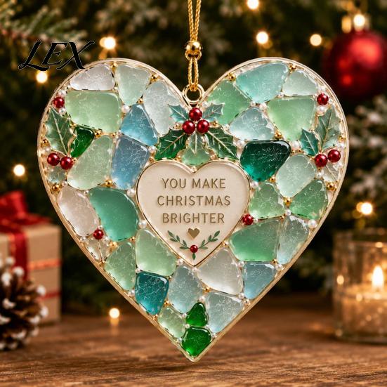 Coastal Style Holiday Decor 2Pcs Sea Glass Christmas Ornament, Seaglass Heart Bird Angel Tree Star Decorative Acrylic Pendants Snowman Pendant,