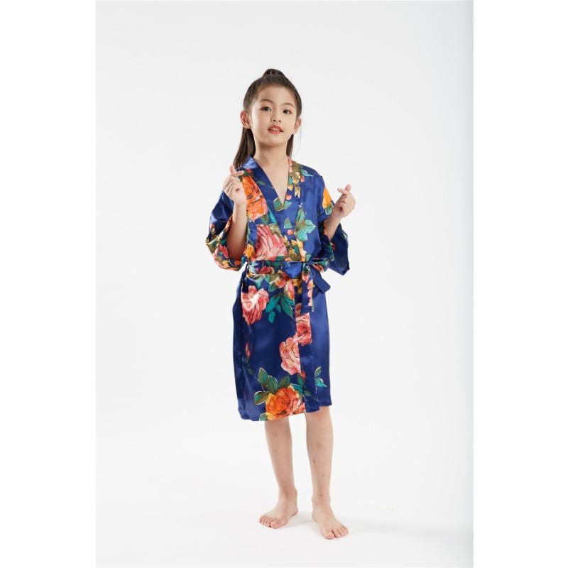 Children's Bathrobe Comfortable and Elegant Temperament Simulation Silk Sleeping Robe Sateen Children's Hand-painted Peony Baby Walking Robe