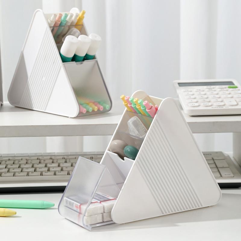Plastic Slanted Pen Holder Multi Compartments Clear Slots Durable Desk Organizer for Home Office School Student Stationery Storage
