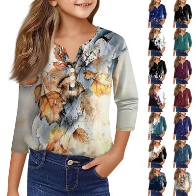 Повседневные модные топы для девочек с принтом, футболка с семью рукавами и пуговицами