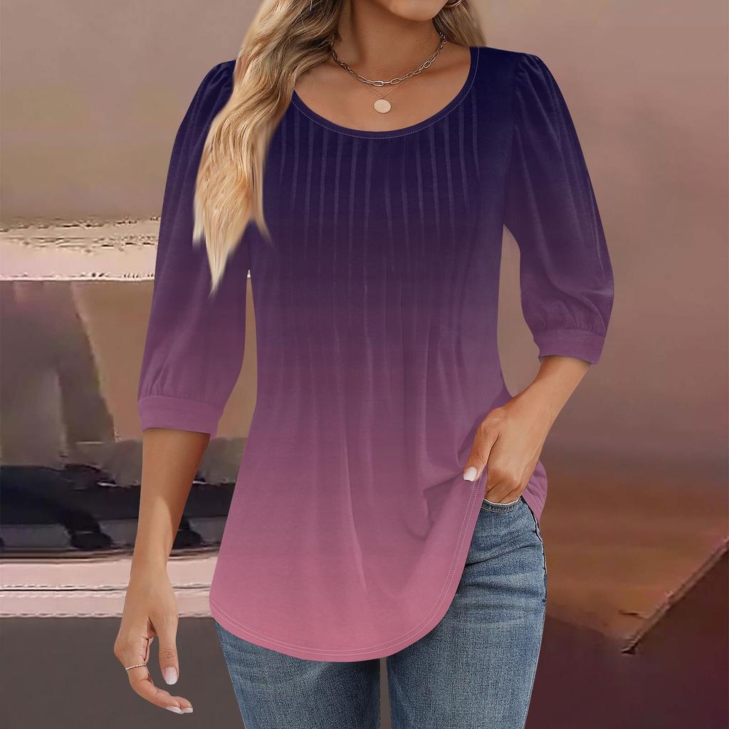 Женские туники с пышными рукавами 3/4, топы, плиссированные блузки с воротником, повседневные свободные весенне-летние футболки