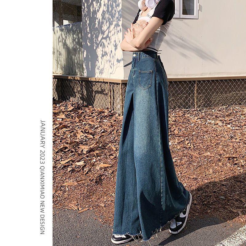 Юбка деним 2024 в стиле ретро с высокой талией и широкими штанинами с необработанными краями для весны и осени