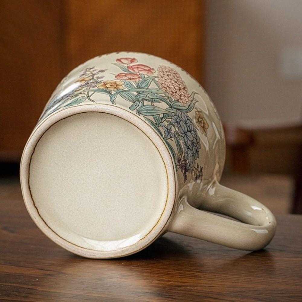 Floral Pattern Antique Style Mug Non-slip Milk Cup Decorative Ceramic Coffee Cup Travel