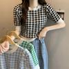 Весенне-летний дизайн Sense Bubble Sleeve Pattern Thousand Birds Check Pattern Нежный круглый вырез с коротким рукавом Трикотажные топы Женские повседневные пуловеры Футболки