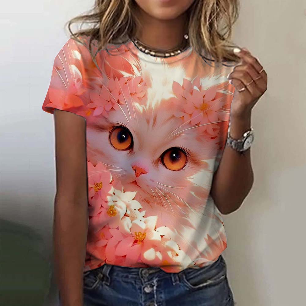 Футболки для женщин и девочек, топы с милым 3D-принтом с изображением кота, модная повседневная одежда с коротким рукавом для женщин, футболки больших размеров