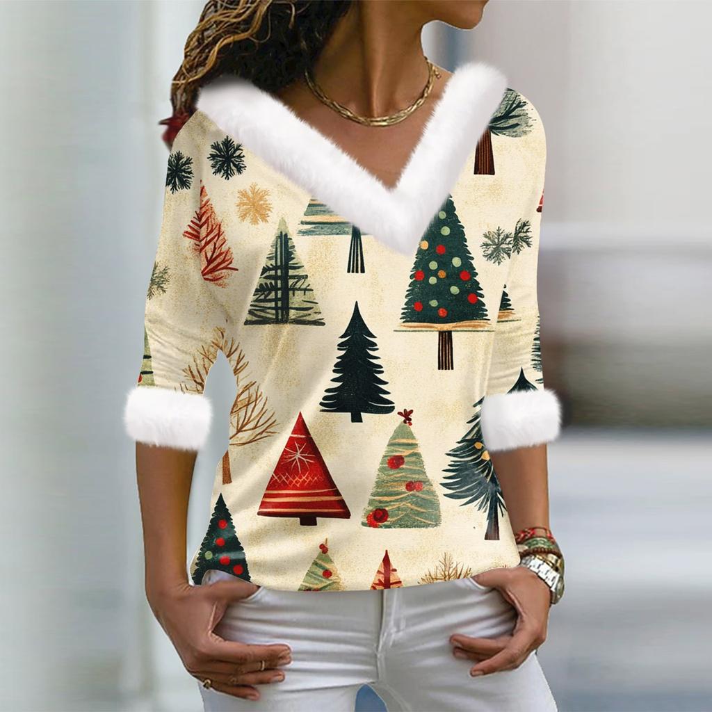 Женский модный повседневный топ с V-образным вырезом и длинными рукавами, рождественским принтом и плюшевым воротником
