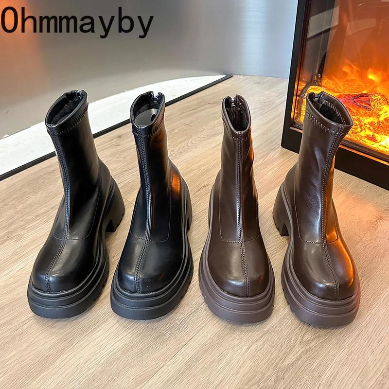 Fashion Chunky Women Ankle Boots Fashion Back Zippers Platform Thick Heel Short Booties Retro Style Autumn Winter Female Shoes