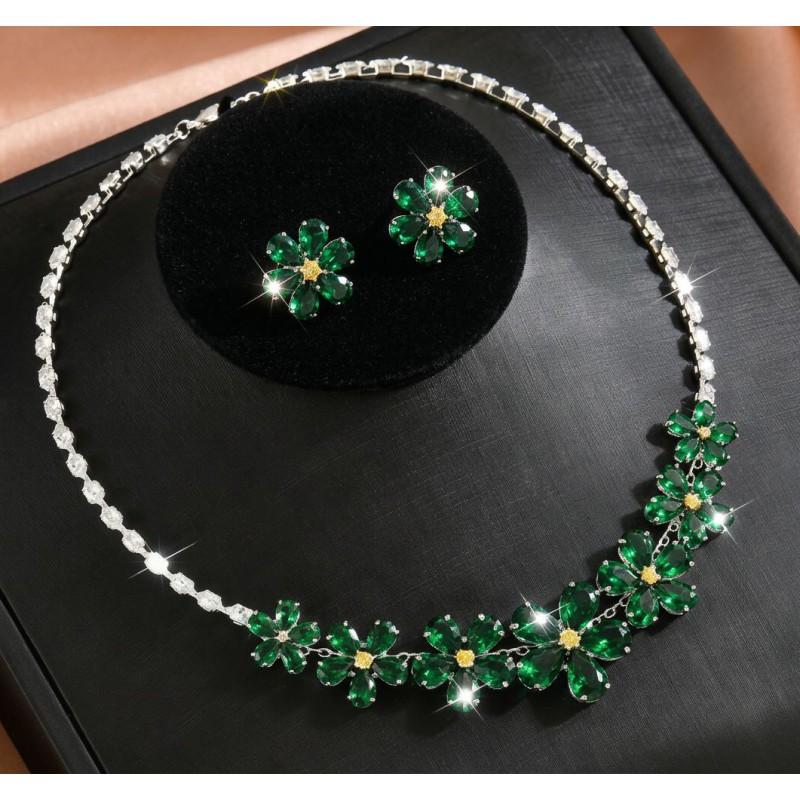 Elegant Zircon Flower Earring Necklace Set Women Copper Plated Jewelry
