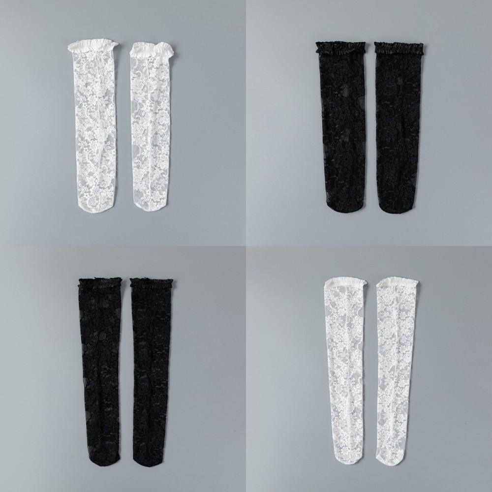 Ruffle Lolita JK Mid-Calf Socks Mid-Calf and Long Net Socks Flower Leg Warmers Transparent Hollow Out Lace Silk Hosiery