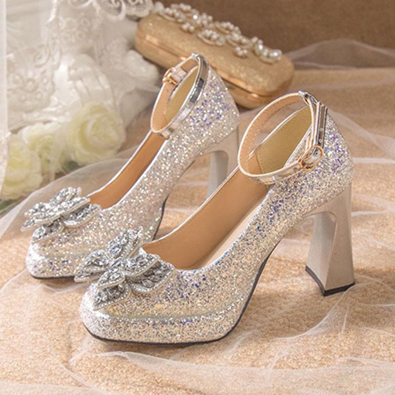 Comemore Women Pumps Rhinestone Mary Jane Women's Shoes Thick Bottom Ankle Buckle Wedding Bridal Chunky High Heels Single Shoes