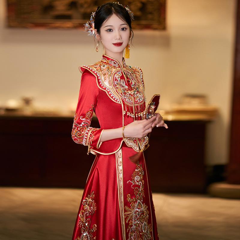 "Slim Fit Satin Xiuhe Dragon & Phoenix Chinese Wedding Dress"