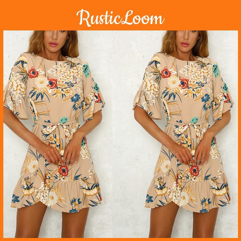 Стильное женское мини-платье с цветочным принтом, оборками и V-образным вырезом, летний пляжный сарафан на все случаи жизни