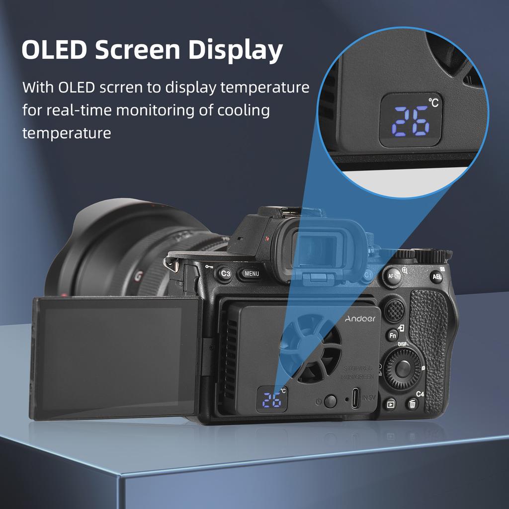 Andoer FS-06 Camera Cooling Fan External Cooling System with OLED Display 8pcs Mounting Adapter